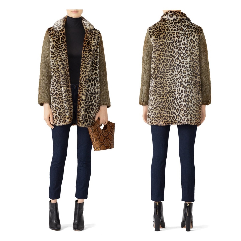 Scotch & Soda Contrast Faux Fur Leopard Print Tweed Wool Sleeves Coat Size Small